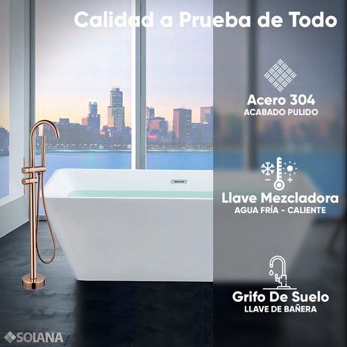 Solana Kit Tina De Baño Blanca Rectangular De Acrílico Slim 150x80x60 Cm + Grifo Independiente Tipo Cuello Cisne Monomando Gold Rose / Kit De Lujo Completo Blanco/goldrose Para Cuarto De Baño
