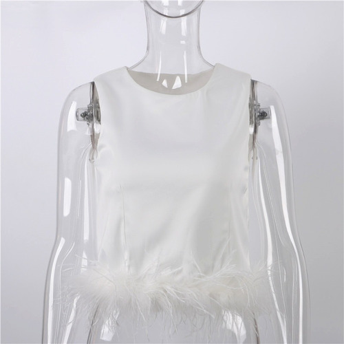 Top Corto Sin Mangas Plumas Mujer Camisetas Blancas