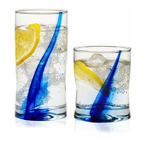 Vasos De Vidrio Diseño Liston Azul Transparente 16 Piezas