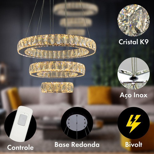 Imagem 8 de 10 de Lustre Pendente Cristal K9 Led 3 Anéis C/ Controle Remoto