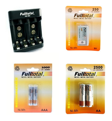 Kit Cargador +1 Batería 9v 250 +2 Pilas Aa 2500 +2 Aaa 1000