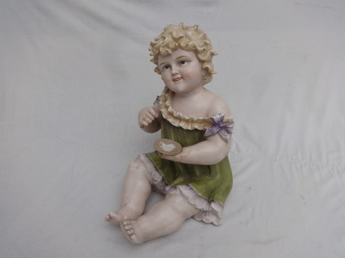 Antigua Figura Porcelana Baby Piano Biscuit Bebe Niña