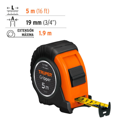 Flexómetro Contra Impactos 5 M Cinta 19 Mm Grad. Métrica