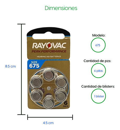 Pilas Auditivas Tamaño 675 Rayovac Peak Performance