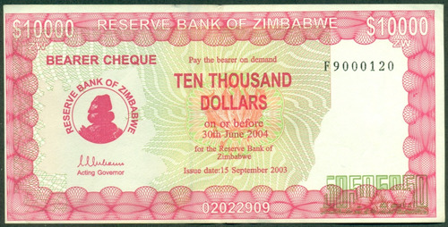 Zimbawe Billete 10000 Dólres Bearer Cheque 2003 P# 22b Mb+