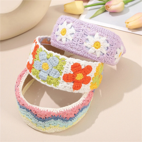 Nueva Diadema Ancha De Flores Tejidas Estilo Étnico.