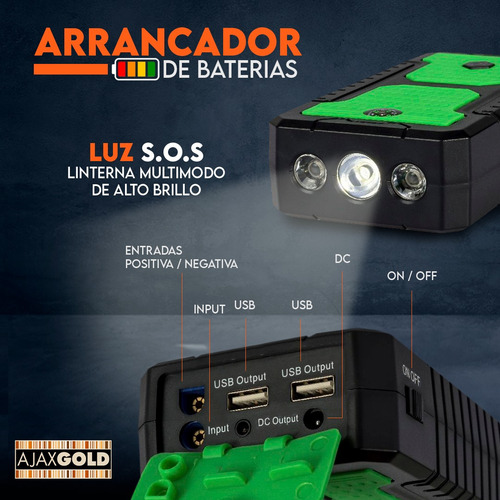 Imagen 3 de 10 de Arrancador Portátil Auto Moto Cargador De Baterías Usb Luz