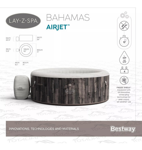 Imagen 8 de 10 de Jacuzzi Inflable Hidromasaje Bestway Lay-z Spa Bahamas 669lt