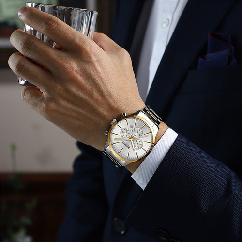 Relógios de quartzo atuais com calendário e cronógrafo para pulseira quente, cor: prata, ouro, branco