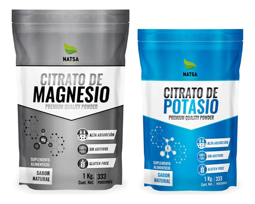 1 Kg Citrato De Magnesio + 1 Kg Citrato De Potasio En Polvo Sabor Natural