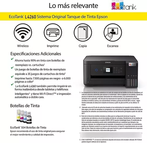 Impresora Multifuncional Epson EcoTank L4260 Inyección de tinta Color WiFi  USB