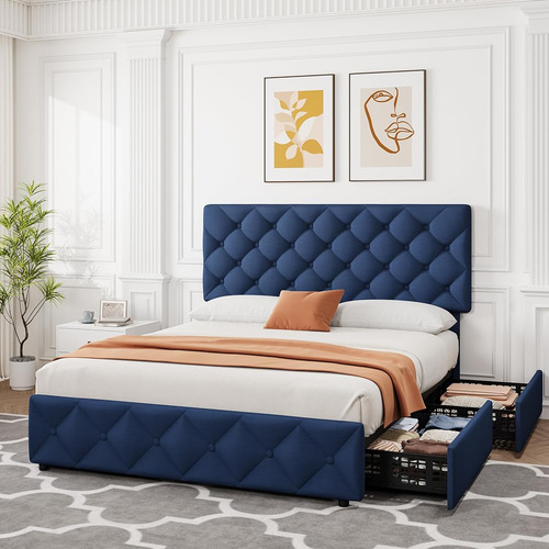 Base De Cama Matrimonial Idealhouse Tapizada En Lino Azul