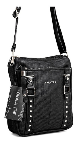 Imagen 5 de 6 de Cartera Mujer Bandolera Simil Cuero Amayra Negra Bolsillos