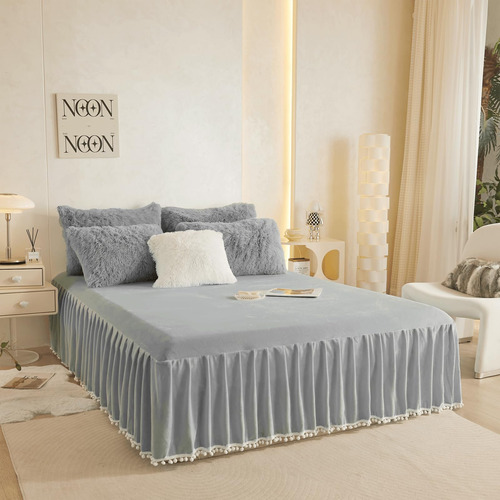 Falda De Cama De Terciopelo Con Borlas Pom Pom, Falda De