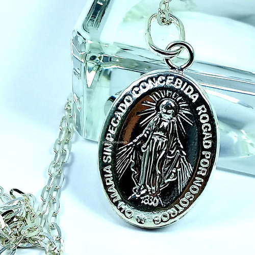 Imagen 3 de 9 de Virgen María De Plata 925 - Milagrosa + Cadena Plata + Caja