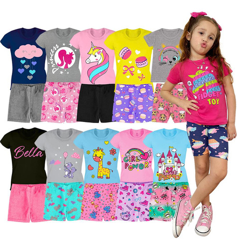 Kit 10 Conjuntos Infantil Menina 20 Peças Camisetas E Shorts