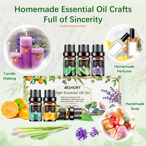Aeshory Kit De 6 Aceites Esenciales Para Difusor Y Aromaterapia Y Spa 10 Ml - Lavanda, Árbol De Té, Eucalipto, Naranja Dulce, Menta, Limoncillo.these Aromatherapy Oils Perfect For Diy Scented Candles