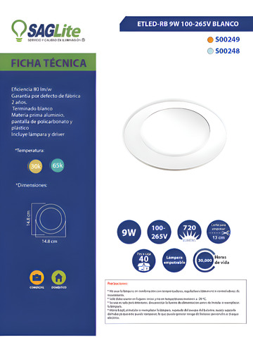 4 Pack. Downlight Led Empotrar 9w 3000k 100-265v. Saglite 3000k