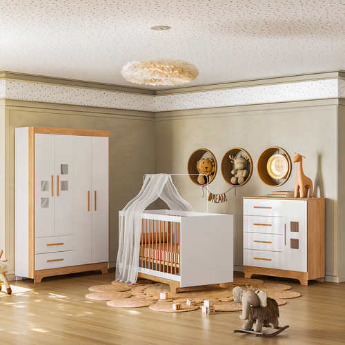 Mini Berço Cama Infantil Montessoriana Flocos Para Quarto Bebê Menina E Menino Com Grade Proteção Lateral Cor Branco Amadeirado