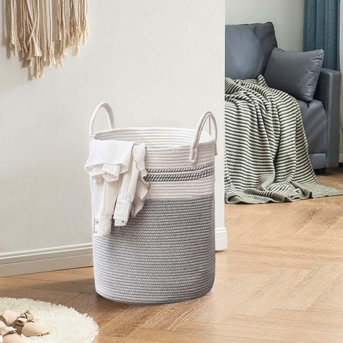 Cesto De Roupa Suja Com Corda Tecida, Cesto Branco E Cinza