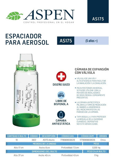 Imagen 4 de 10 de Aerocamara Aspen Espaciador Para Aerosol Adulto +5 Años