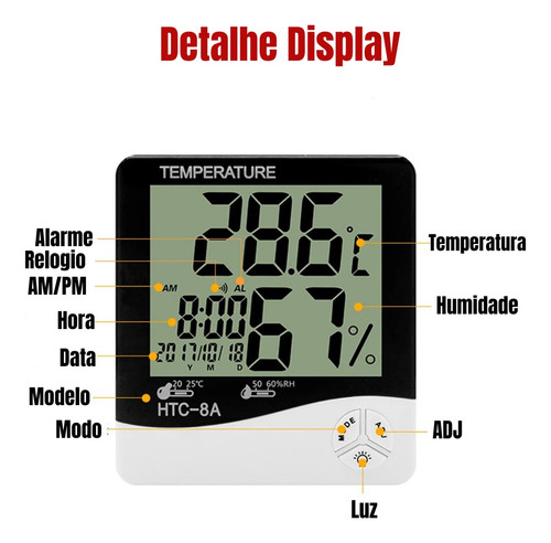 Termo Higrômetro Medidor Temperatura Umidade Relógio Digital