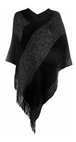 Elegante Poncho De Punto Para Mujer Con Flecos Y Cuello En V