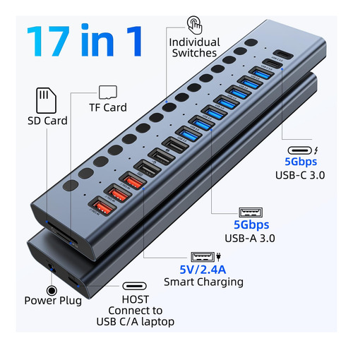 Hub Usb Alimentado, Vangree 17 Puertos Divisor Usb 3.0 (7