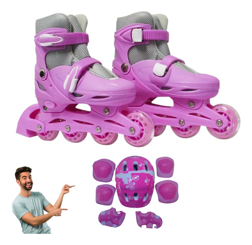 Patins Infantil Rosa 4 Rodas Menina + Kit Proteção Completo