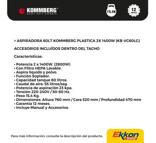 Imagen 3 de 8 de Aspiradora Kommberg Kb-vc60LG 60l 220v-240v