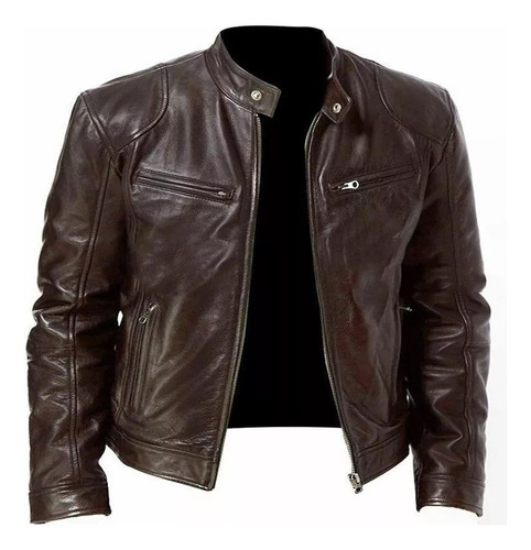 Chaqueta De Cuero Legítima Para Hombre - Cremallera Negra Aa