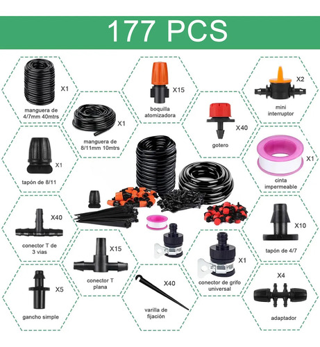 Kit Riego Goteo 40+10 Metros Ahorro Agua 177 Piezas