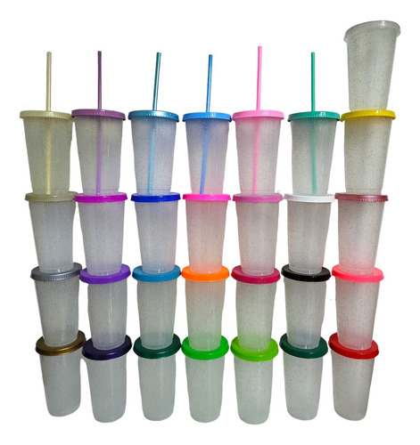 120 Pzas Vaso Popote 16oz Glitter Reusable Frio Y Caliente