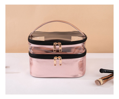 Neceser Maquillaje Viaje Doble Portátil Impermeable Bolsa Rosa Dorado
