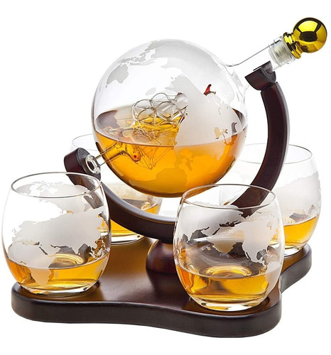 Decantador De Whisky Globe Set Con 4 Whisky De Globo Grabado