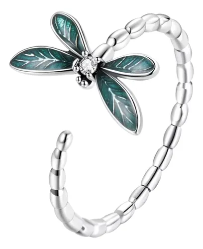 Anillo Plata 925 Ajustable Libélula Verde Joyas Regalo Mujer