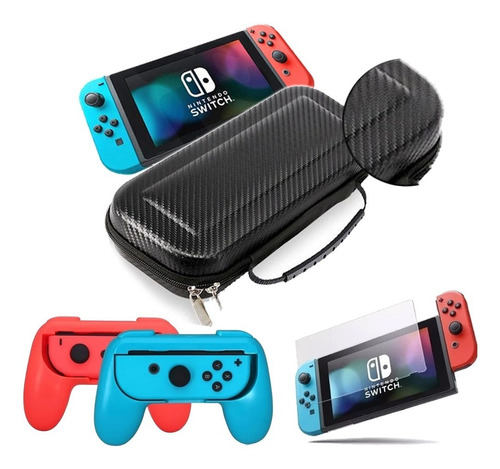 Estuche Nintendo Switch Fibra Carbono + Mica + Par Grips 