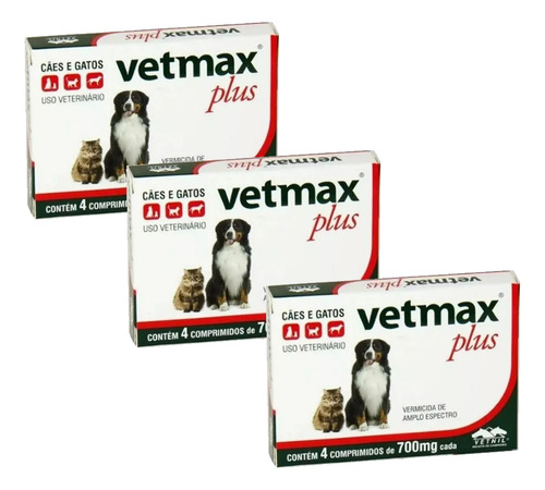 Kit Com 3 Vetnil Vetmax Plus 4 Comprimidos