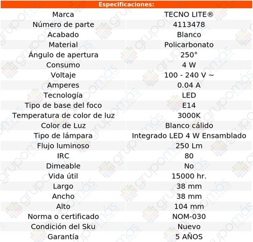Lampara De Led 3000k E14 Blanco Cálido 4w 250lm Tecnolite