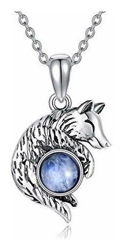 Collar - Wolf Pendant Necklace 925 Sterling Silver Moonstone