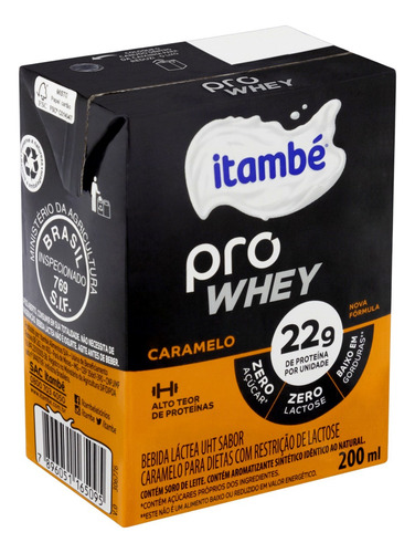 Bebida Láctea UHT Caramelo Zero Lactose Itambé Pro Whey Caixa 200ml