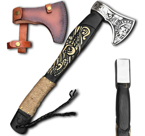 Hacha Vikinga Hecha A Mano Con Funda De Cuero, Mango De Made