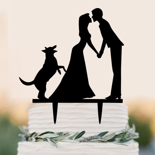 Acrílico Novia Y Novio Con Perro Silueta Pastel Topper Boda