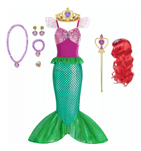 Disfraz Princesa Disney Niña Ariel La Sirenita + Accesorios + Peluca