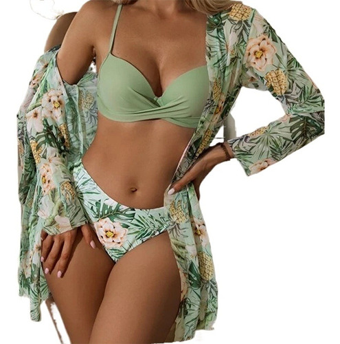 Conjunto De Traje De Playa Femenino Con Kimono Y Bikini Flor