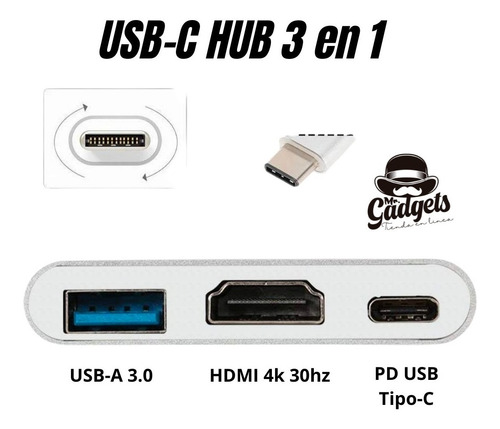 3 En 1 Usb Hub Adaptador Pd 3.0 Tipo C Hdmi 4k Para Mac iPad