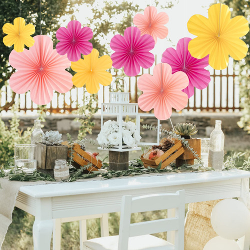 Kit Decoracion Flores De Papel Amarillo Rosa Y Fucsia 9pz