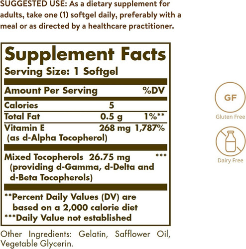Vitamina E 268mg 400iu 250 Capsulas Blandas Solgar