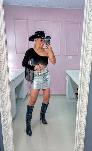 Cropped Manga Única Veludo Com Franja Brilho Sexy