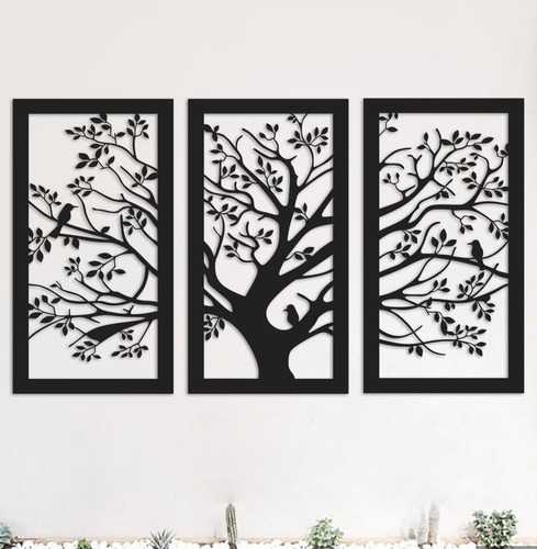 Cuadro Triptico Arbol De La Vida Pajaros 140x70cm Mdf 6mm